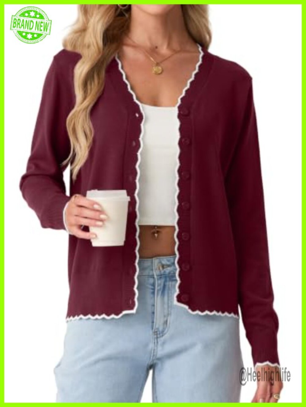 Women's Cardigan Sweater Lightweight Button Front V Neck Scalloped Trim